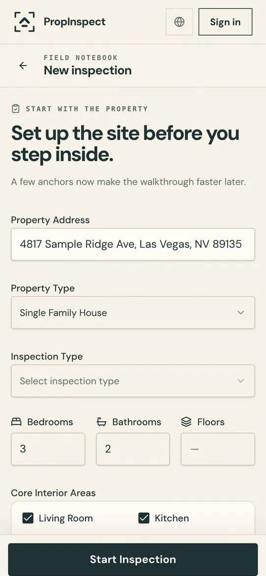The new inspection form with a property address filled in