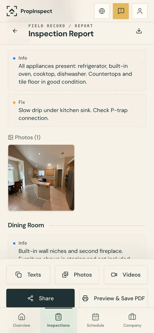 The inspection report showing kitchen notes and a photo