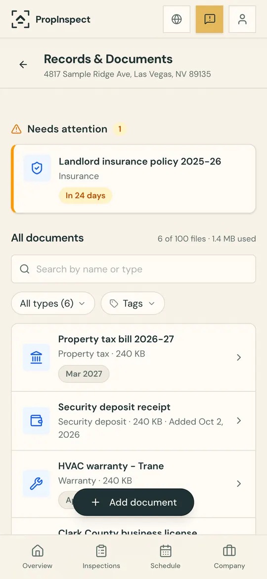 A property's records with an insurance policy flagged as expiring soon